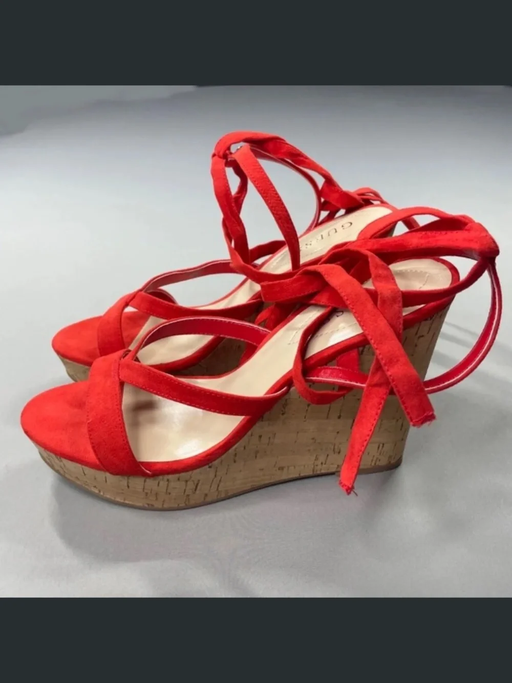 NEW Guess Shoes Womens 9.5 red brown Treacy faux suede cork wedge heels summer